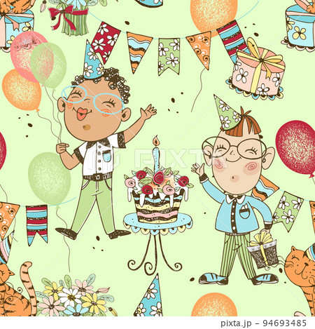 Seamless pattern on the birthday theme. Funny children with balloons and gifts and a cake for the evening. Vector. Seamless pattern on the birthday theme. Funny children with balloons and gifts and a cake for the evening. Vector. 94693485