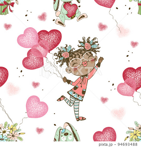 Seamless pattern on the birthday theme. Funny cute dark-skinned girl with balloons and gifts and a cake for the evening. Vector. Seamless pattern on the birthday theme. Funny cute dark-skinned girl with balloons and gifts and a cake for the evening. Vector. 94693488