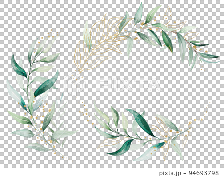 Geometric golden bouquets made of green watercolor eucalyptus leaves, wedding illustration 94693798