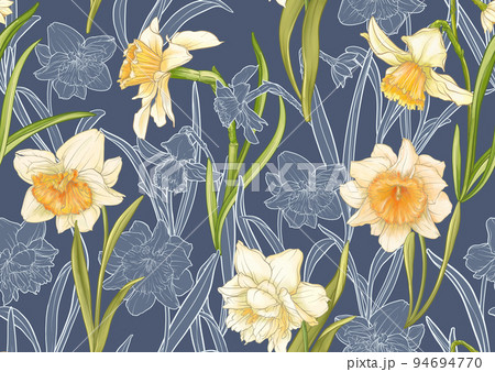 Daffodils and tulips flowers, the early spring flowers. Seamless pattern 94694770