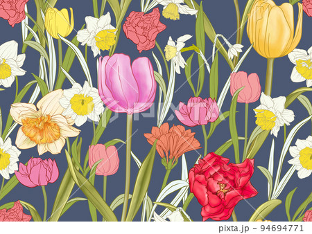 Daffodils and tulips flowers, the early spring flowers. Seamless pattern 94694771