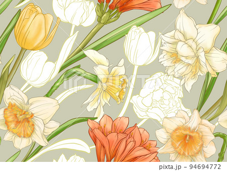 Daffodils and tulips flowers, the early spring flowers. Seamless pattern 94694772