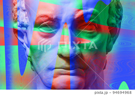 Antique sculpture of human face in artificial intelligence pop art style. Modern creative concept image with ancient statue head. Contemporary neural network art poster. Funky punk collage design. 94694968
