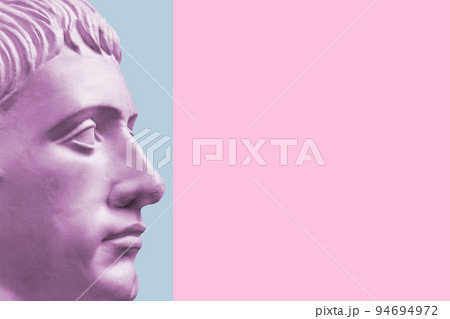 Antique sculpture of human face in artificial intelligence pop art style. Modern creative concept image with ancient statue head. Contemporary neural network art poster. Funky punk collage design. 94694972