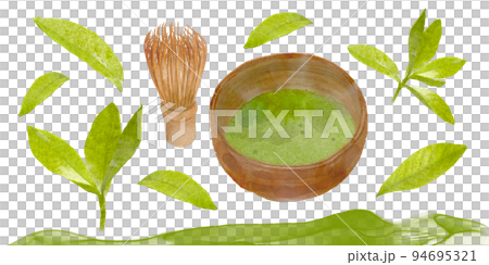 抹茶茶碗、茶拂和茶葉的水彩手繪插圖集 抹茶茶碗、茶拂和茶葉的水彩手繪插圖集 94695321