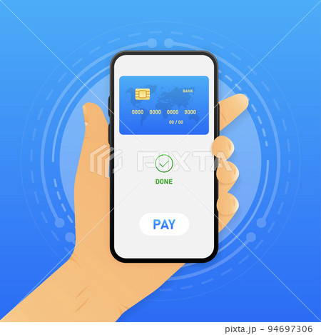 Mobile contactless payment. Credit card on the phone screen. Vector illustration. Mobile contactless payment. Credit card on the phone screen. Vector illustration. 94697306