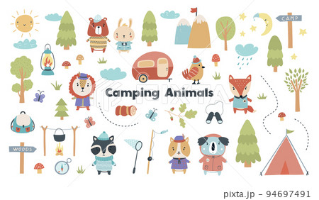 A cute set with camping, forest animals, scout badges, tents and more. Vector illustration 94697491