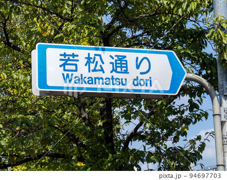 道路標識(案内標識)「道路の通称名」。「若松通り」(京都府京都市内)。 94697703