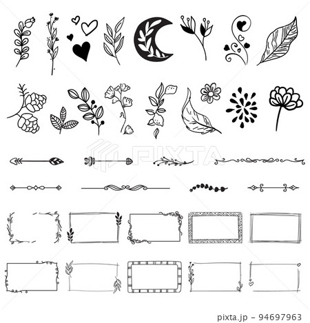 Hand drawn graphic elements. Flower, hearts, leaves, moon, arrow, corners, frames etc. Collection of vector grapic elements. Hand drawn graphic elements. Flower, hearts, leaves, moon, arrow, corners, frames etc. Collection of vector grapic elements. 94697963