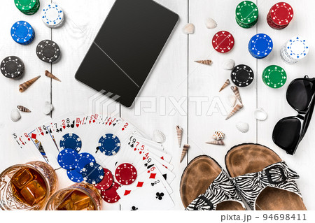 Post blog social media poker. Banner template layout mockup for online casino. Wooden white table, top view on workplace. 94698411