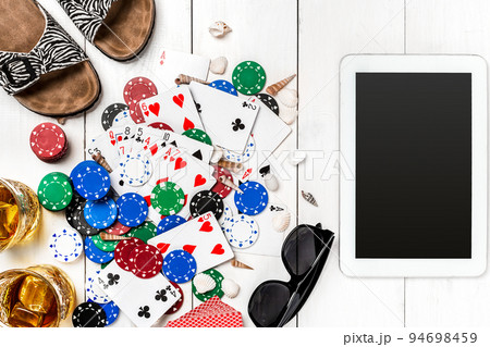Post blog social media poker. Banner template layout mockup for online casino. Wooden white table, top view on workplace. 94698459