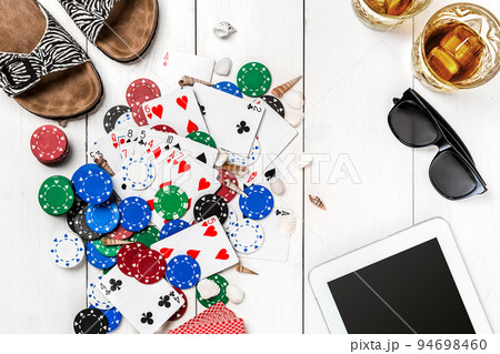 Post blog social media poker. Banner template layout mockup for online casino. Wooden white table, top view on workplace. 94698460