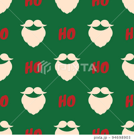 Seamless background with a beard, mustache, and text Ho Ho Ho. Christmas vector pattern. Red and beige elements on green color.Design for poster backdrop, gift wrappers, textiles, fabrics, and packing 94698903