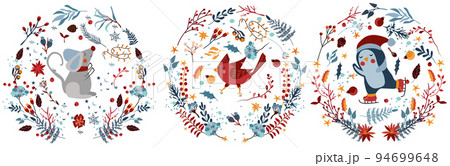 Winter compositions, animals in Christmas wreath, cute mouse in a scarf, northern Cardinal, penguin on skates, flowers, leaves and berries.Cute winter animals for greeting cards, poster, banner 94699648
