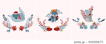 Cute winter composition with mouse in wreath, funny owl and sleeping wolf, flowers and leaves.Cute winter animals.Perfect for greeting cards, poster, postcard, banner. Vector. Cute winter composition with mouse in wreath, funny owl and sleeping wolf, flowers and leaves.Cute winter animals.Perfect for greeting cards, poster, postcard, banner. Vector. 94699675