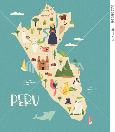 Illustrated colorful map of Peru with famous symbols of the country 94699770