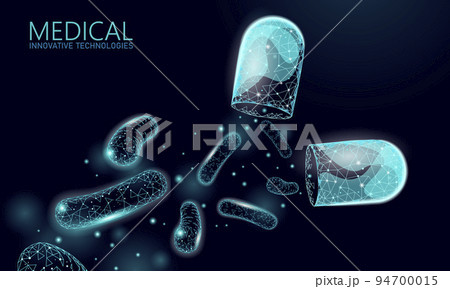 Bacteria 3D low poly render probiotics. Healthy normal digestion flora of human intestine yoghurt production. Modern science technology medicine allergy immunity thearment vector illustration 94700015