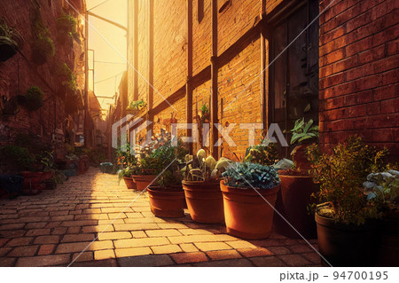 イラスト 路地 夕暮れ ヨーロッパ レンガ造り 植物 街 94700195