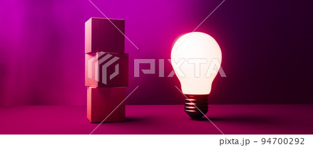 Glowing light bulb with wooden blocks - 3D 94700292