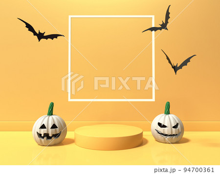 Halloween theme with pumpkin ghosts and bats in front of the square frame - 3D Halloween theme with pumpkin ghosts and bats in front of the square frame - 3D 94700361