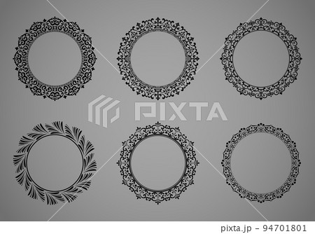 Set of decorative frames Elegant vector element for design in Eastern style, place for text. Floral black and gray borders. Lace illustration for invitations and greeting cards 94701801