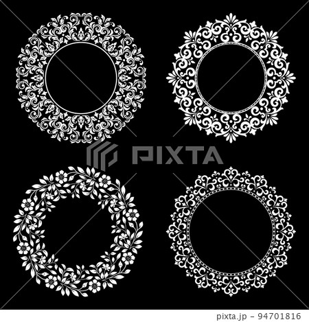 Set of decorative frames Elegant vector element for design in Eastern style, place for text. Floral black and white borders. Lace illustration for invitations and greeting cards. Set of decorative frames Elegant vector element for design in Eastern style, place for text. Floral black and white borders. Lace illustration for invitations and greeting cards. 94701816