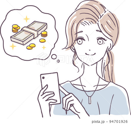 スマホで稼げる副業をする女性のイラスト素材 スマホで稼げる副業をする女性のイラスト素材 94701926