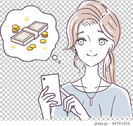スマホで稼げる副業をする女性のイラスト素材 スマホで稼げる副業をする女性のイラスト素材 94701926