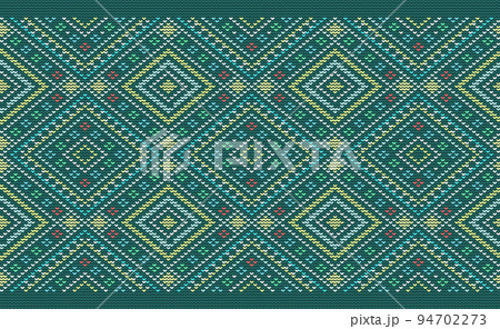 Knitted ethnic pattern, Vector cross stitch ornament background, Green and yellow pattern knitting fashion Knitted ethnic pattern, Vector cross stitch ornament background, Green and yellow pattern knitting fashion 94702273