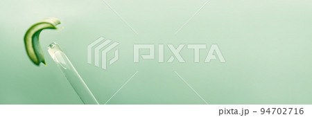 Banner cosmetic pipette with aloe juice close-up and a piece of aloe on green. background with copy space. Macro photography of a transparent glass pipette. Beauty concept, aromatherapy oil, medicine. Banner cosmetic pipette with aloe juice close-up and a piece of aloe on green. background with copy space. Macro photography of a transparent glass pipette. Beauty concept, aromatherapy oil, medicine. 94702716