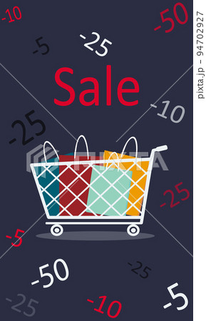 Trolley and shopping bags on dark background. Vector illustration with text Sale. Trolley and shopping bags on dark background. Vector illustration with text Sale. 94702927