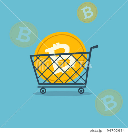 Bitcoin and cryptocurrency in the shopping trolley - crypto currency used for buying and purchase in shop, store and retail. Vector illustration on blue background. Bitcoin and cryptocurrency in the shopping trolley - crypto currency used for buying and purchase in shop, store and retail. Vector illustration on blue background. 94702954