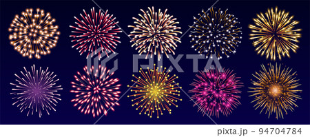 Set of colorful fireworks. Set of festive patterned salute bursting in various shapes 94704784