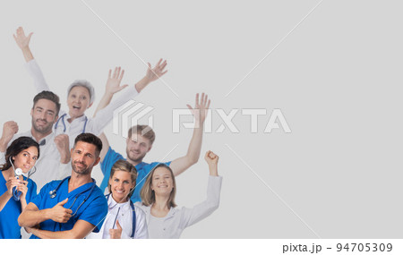 Happy doctors raising arms Happy doctors raising arms 94705309