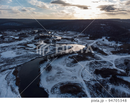 Winter aerial rural view on river valley, Ukraine 94705348