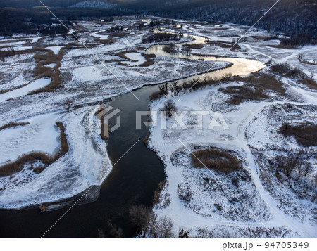Winter aerial rural view on river valley, Ukraine 94705349
