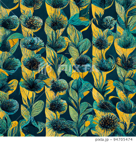 Teal and yellow abstract flower pattern for prints, wall art, cover and invitation. Watercolor art background. 94705474