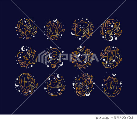 Celestial feminine logo set, woman icon collection with stars moon, fashion, travel and hand sign symbols 94705752