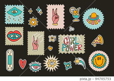 Retro cute cartoon hippy groovy vector sticker set 94705753