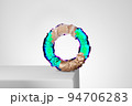 3d render, abstract geometric torus shape, cracked surface with hole. Split object isolated on white background. Minimal design. 94706283