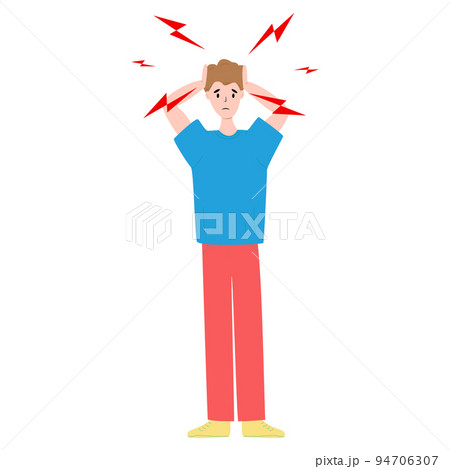 The man having headache and migraines. Symptoms of a viral disease.Respiratory Illness, Virus Prevention.Isolated. Vector illustration. The man having headache and migraines. Symptoms of a viral disease.Respiratory Illness, Virus Prevention.Isolated. Vector illustration. 94706307