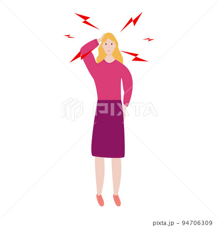 Sad woman having headache or dizziness. Sick girl touching her head. Girl suffering from fever or influenza.Symptom of common cold, infectious disease. Flat cartoon vector illustration. 94706309