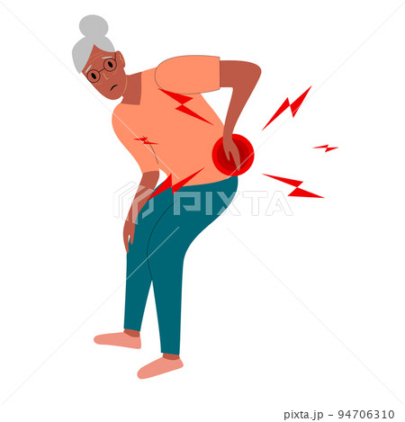 Afro American senior woman has low back pain and sciatica from a herniated disc. Medical diagrams about trapped nerves make patients chronic pain in the back and paralysis. Vector illustration. 94706310