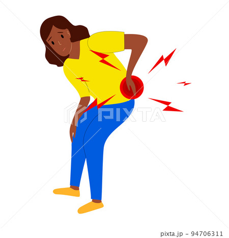 Afro American woman has low back pain and sciatica from a herniated disc. Medical diagrams about trapped nerves make patients chronic pain in the back and paralysis. Vector illustration. 94706311
