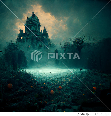 spooky Halloween card with haunted house at night 94707026