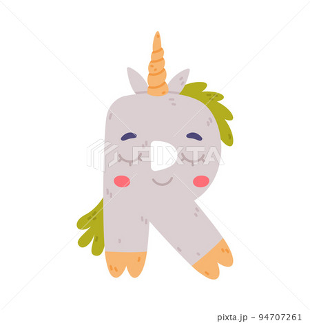 Unicorn Cute Alphabet Letter R with Smiling Face and Twisted Horn Vector Illustration Unicorn Cute Alphabet Letter R with Smiling Face and Twisted Horn Vector Illustration 94707261