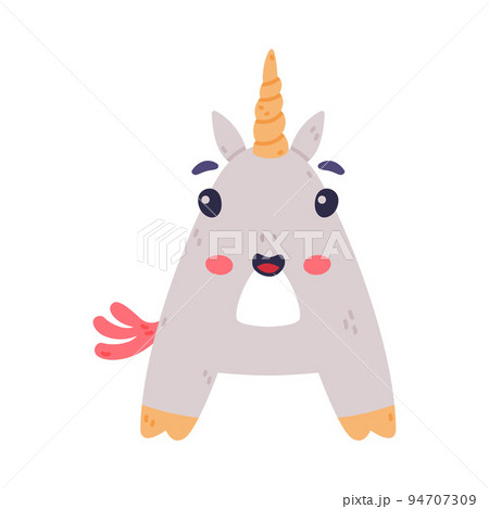 Unicorn Cute Alphabet Letter A with Smiling Face and Twisted Horn Vector Illustration 94707309