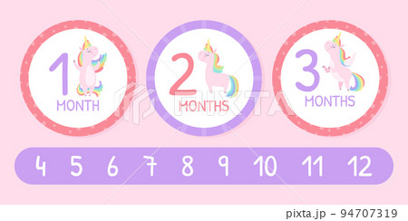 Cute Unicorn Baby Month Card with Pretty Pony with Rainbow Mane Vector Template 94707319