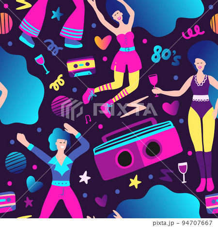 Tape recorder radio seamless pattern 80s illustration Tape recorder radio seamless pattern 80s illustration 94707667
