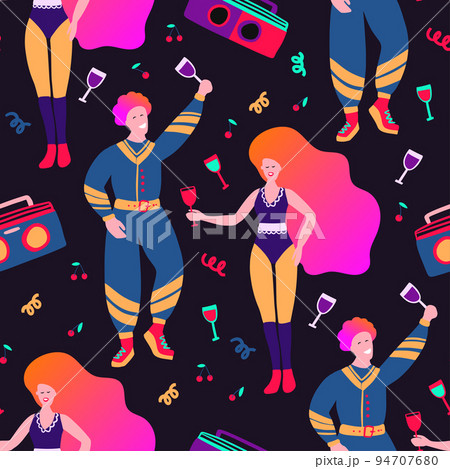 Tape recorder radio seamless pattern 80s illustration Tape recorder radio seamless pattern 80s illustration 94707680